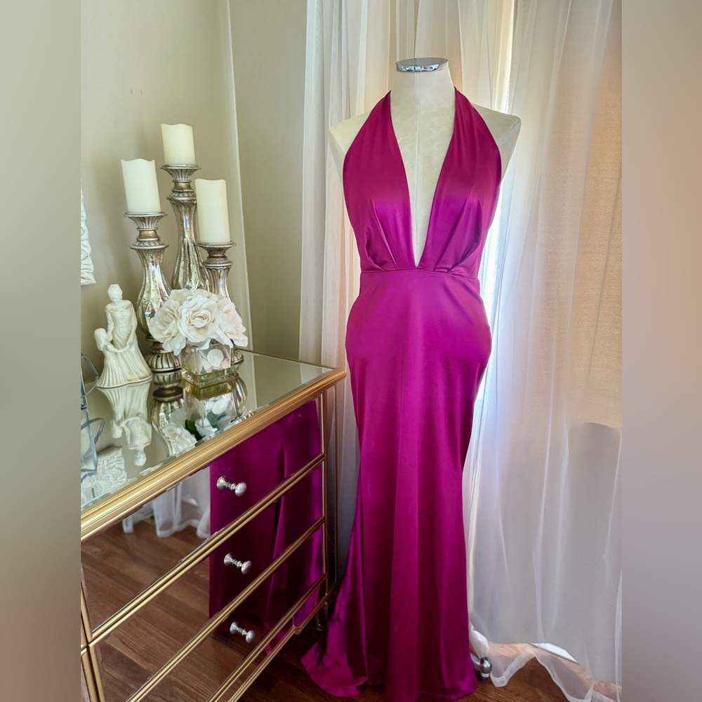 Stunning Lulus Beguiling Beauty Magenta Satin Halter Mermaid Maxi Dress
